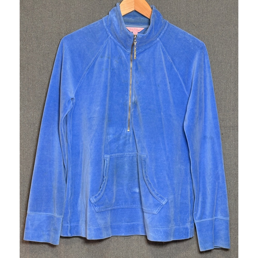 Lilly Pulitzer Blue Velour Half Zip Pullover Bamboo Pull Sweater Womens Sz M